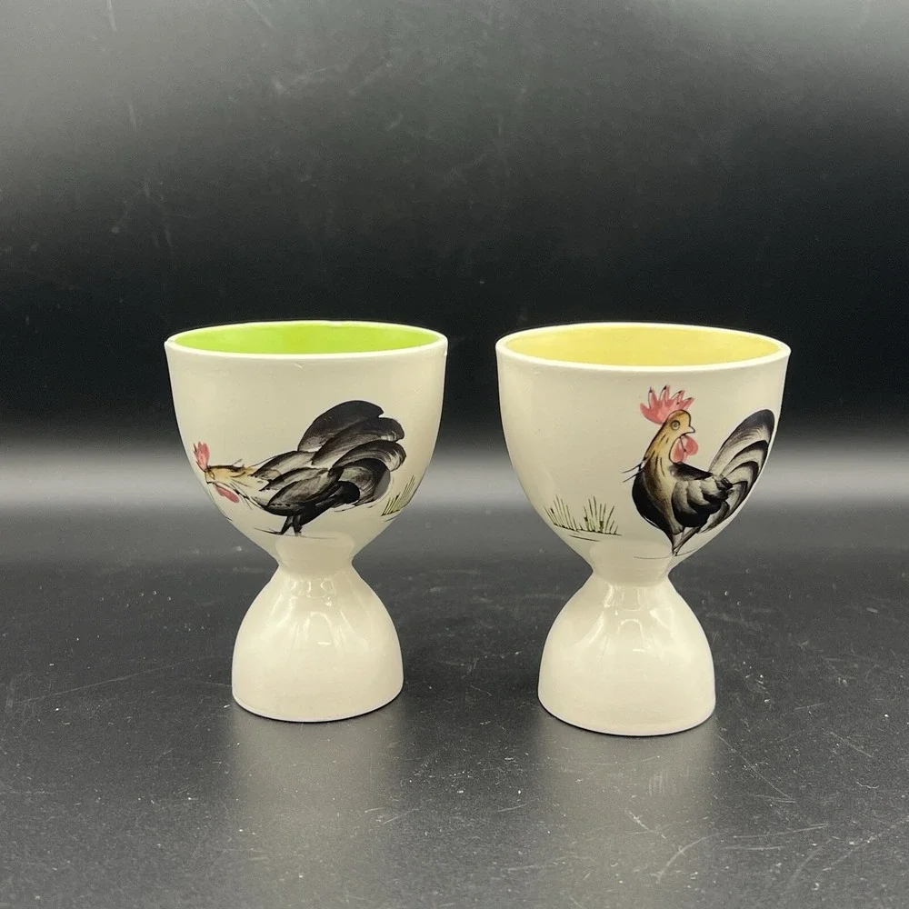 VTG Egg Cups Easter Hand Painted Japan - Rooster and Hen Chicken